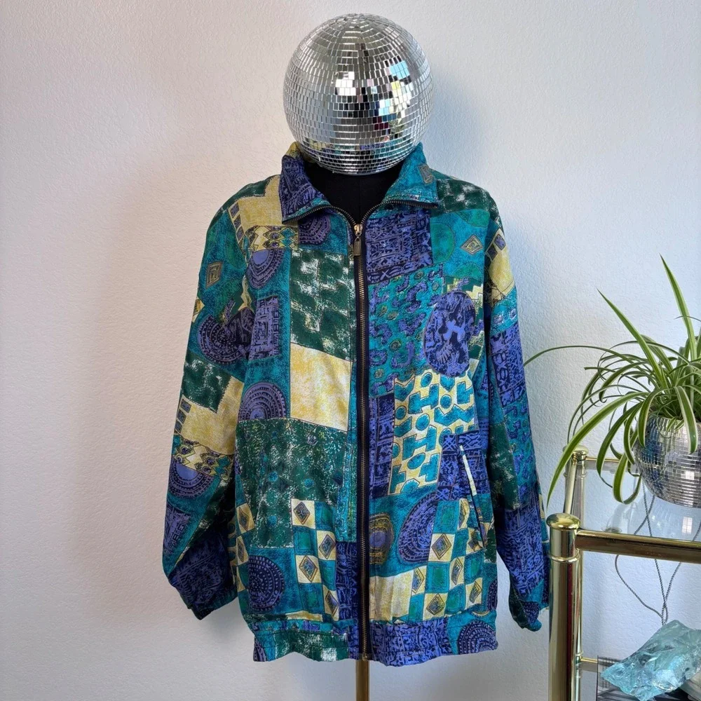 Vintage 80s 100% Silk Abstract Geometric Bomber Jacket Basic Editions Teal Large